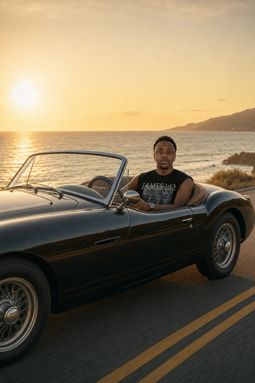 A model driving an open-top car on a coastal road