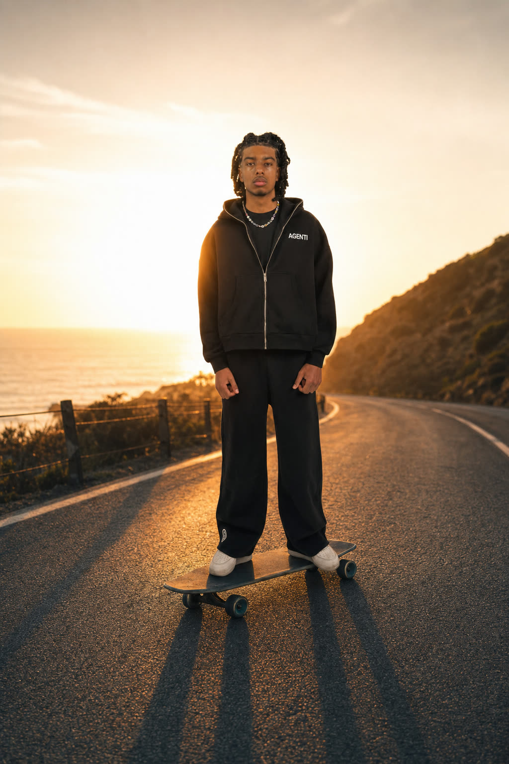 A model gliding on a longboard at golden hour