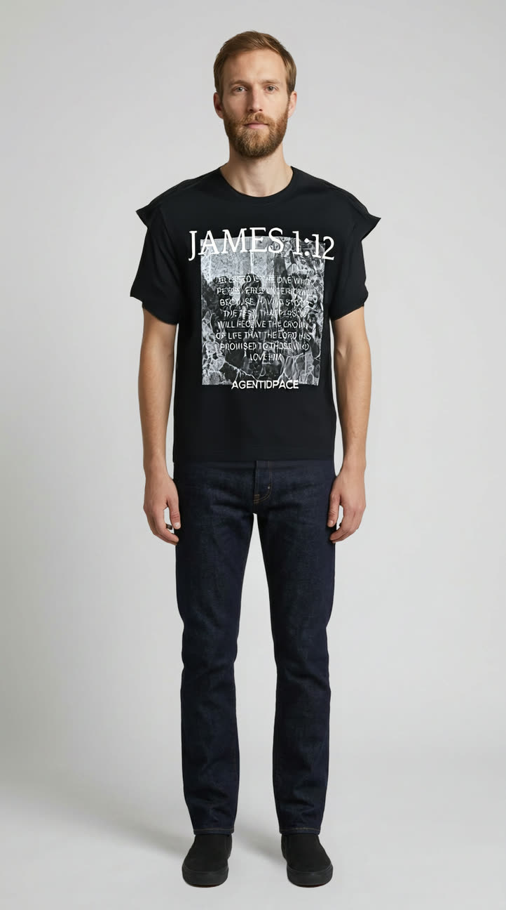 Close view of the fitted garment with its printed wordmark legible